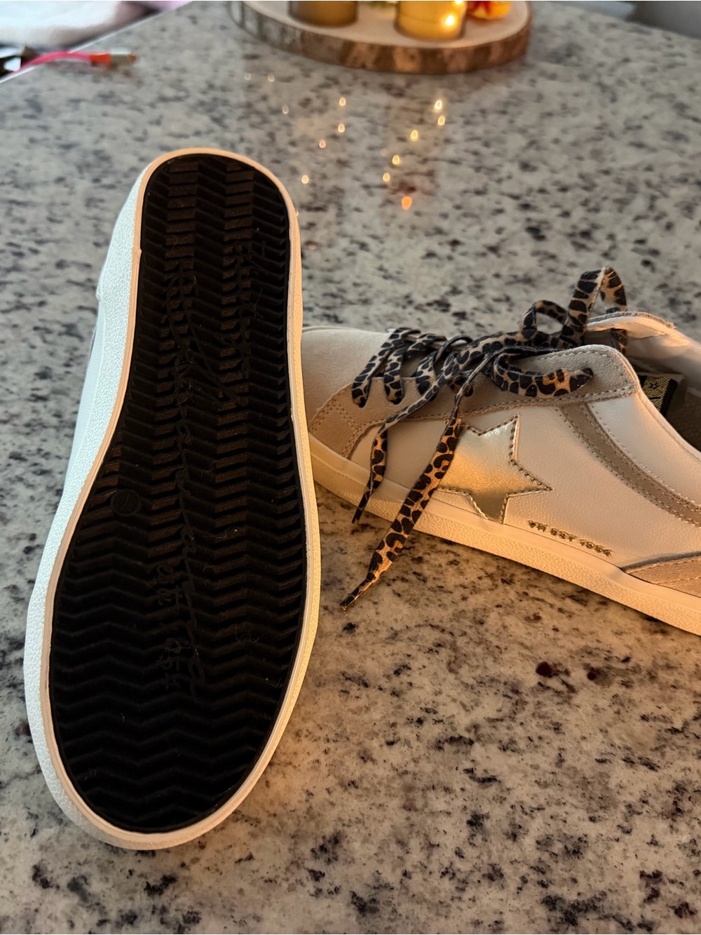 White & Beige Low-Top Sneakers with Metallic Star and Leopard Laces